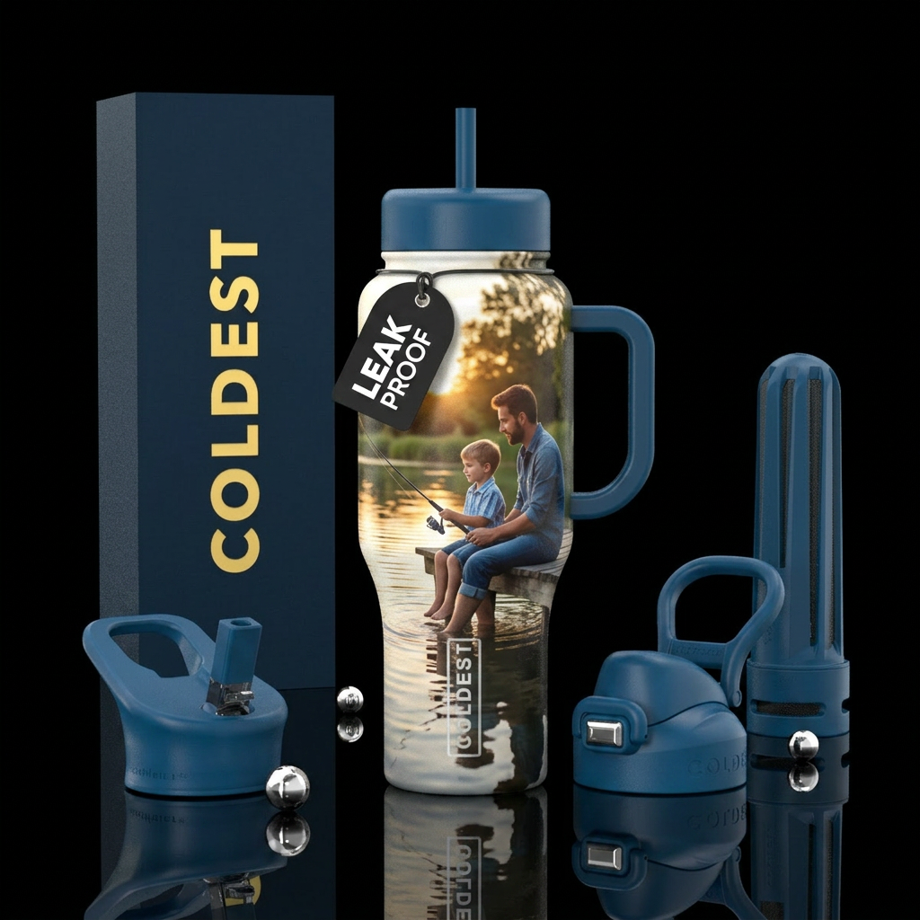 Little boy and a man sitting on dock fishing. water bottle design
