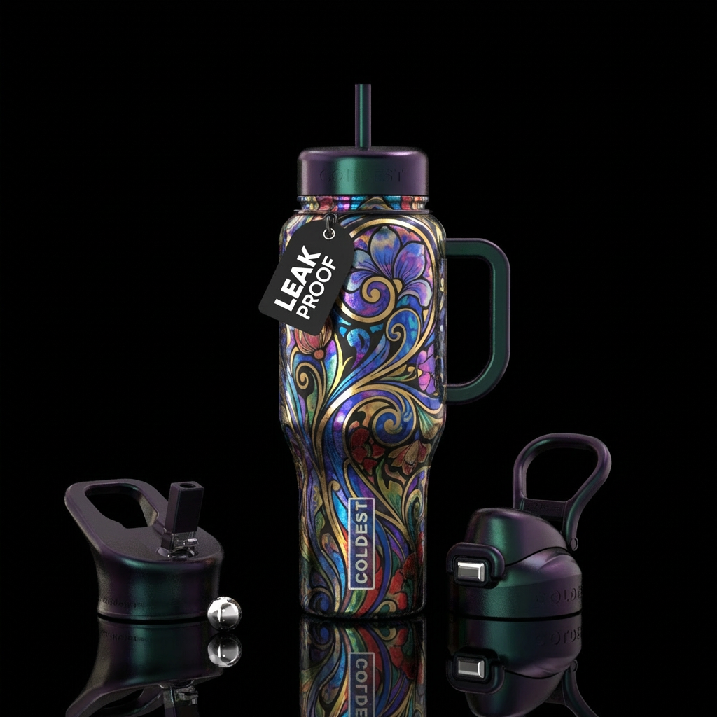Colorful art nouveau negative space design water bottle design