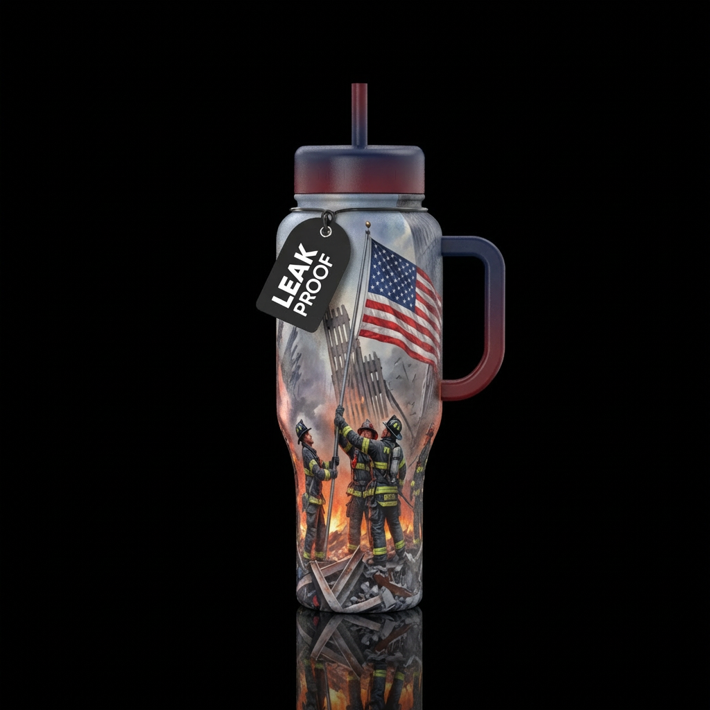 Firefighters raising the American flag at the worl... water bottle design