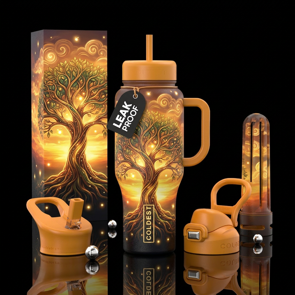 Tree of life, glowie fireflies, sunset in backgrou... water bottle design