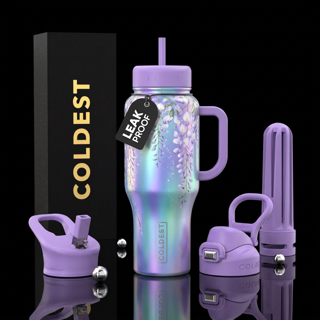 wisteria, whimsical, serene, aurora water bottle design
