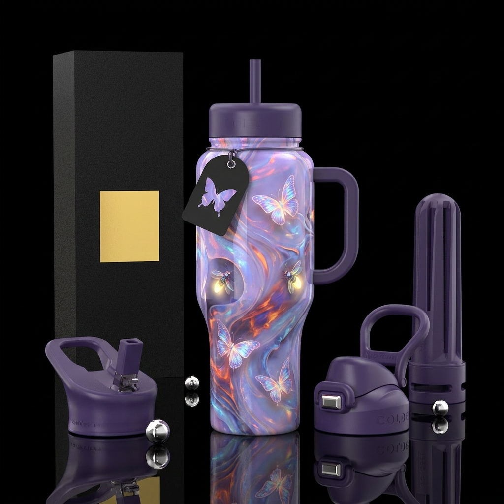 Lavender fire opal background with iridescent glow... water bottle design