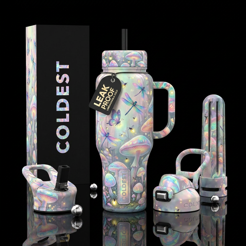 Pastel fire opal designs in a garden with fireflie... water bottle design