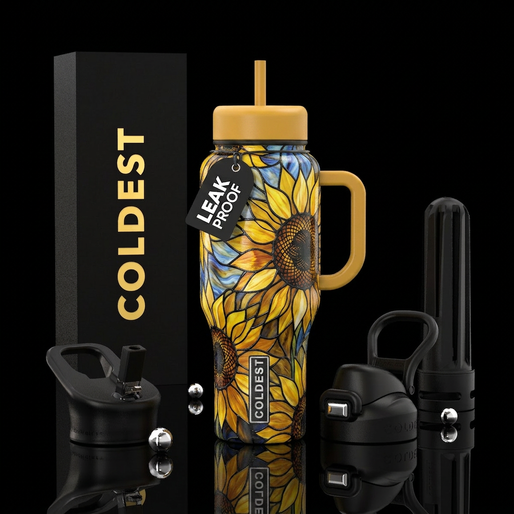 Van Gogh yellow, stained glass sunflower water bottle design