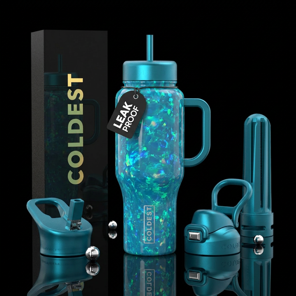 Teal blue opal fire water bottle design