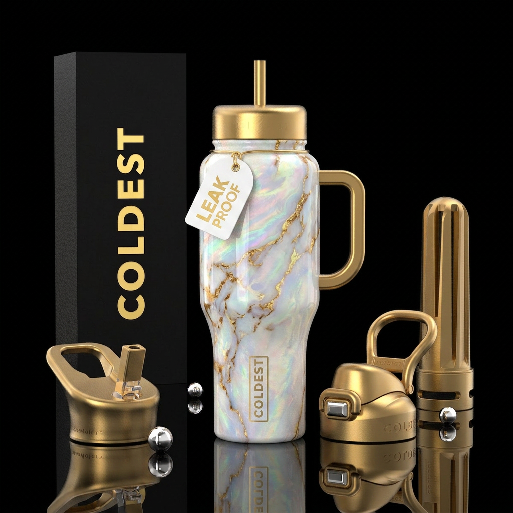 White opal fire marbled with gold water bottle design