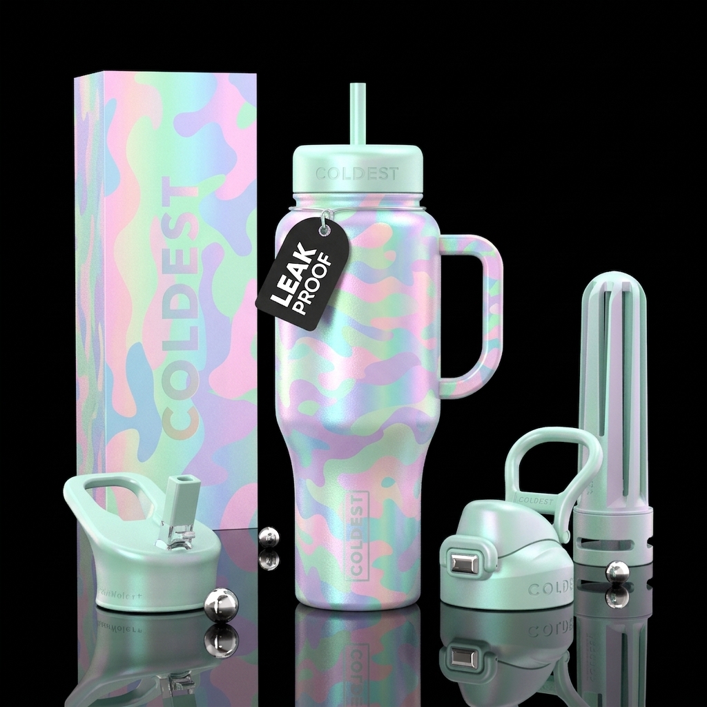 Iridescent pastel camouflage pattern water bottle design