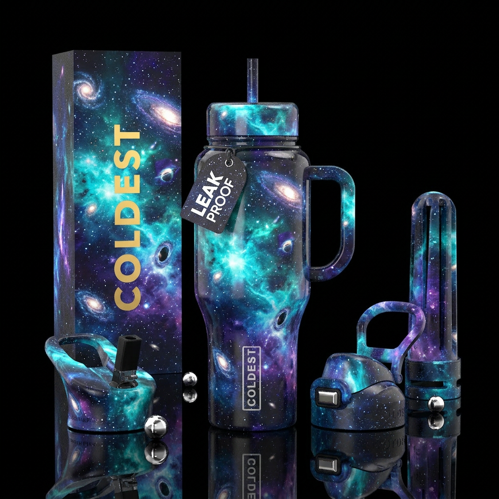 cyan, cosmos, maximalist, surreal, astral, interdi... water bottle design