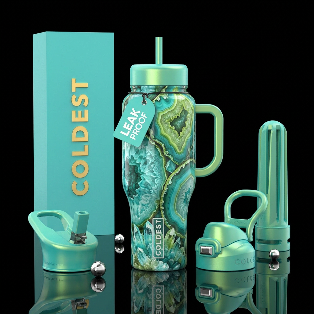 geode, elegant, intense, polished, turquoise, char... water bottle design