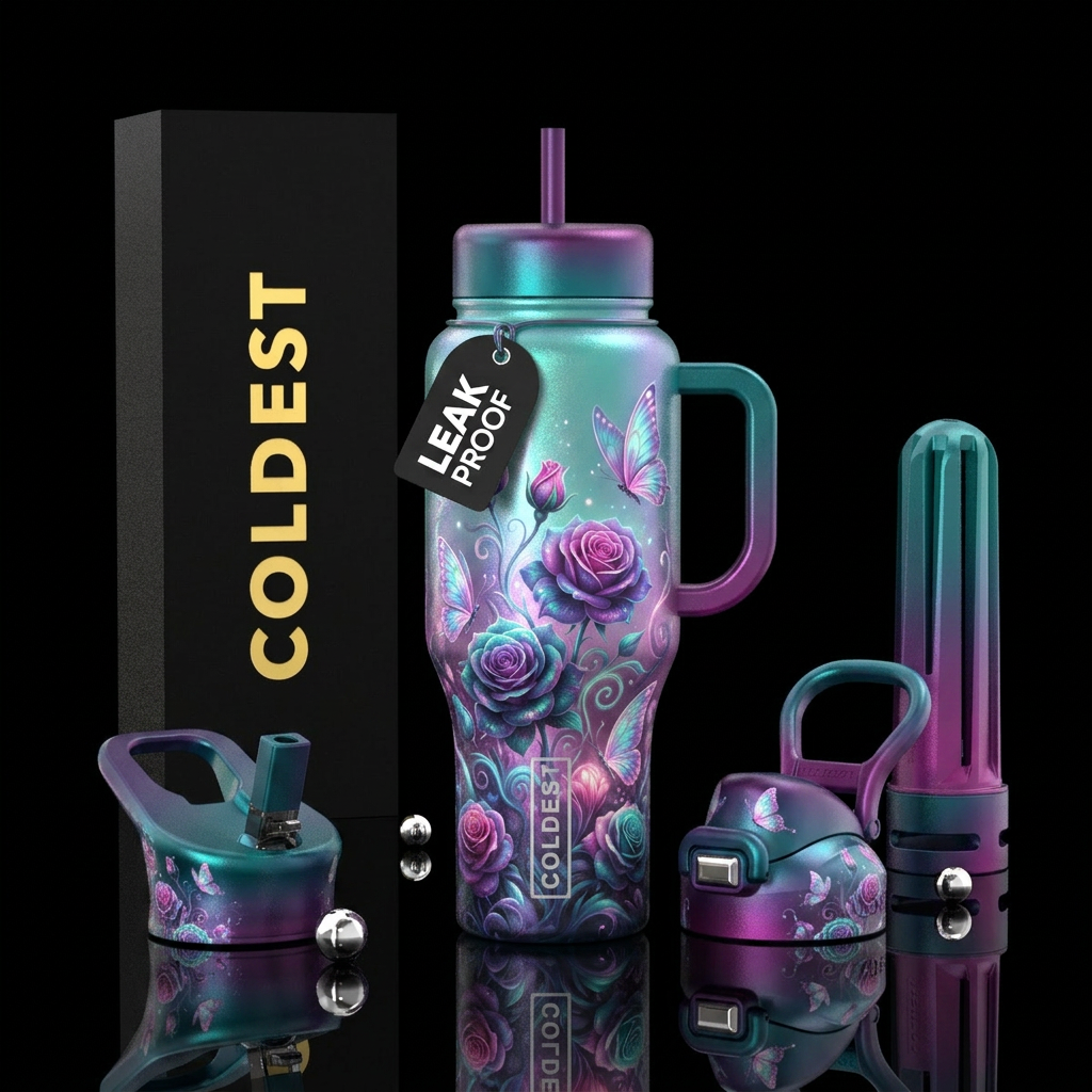 surreal, rose garden, butterfly, mystical, opalesc... water bottle design