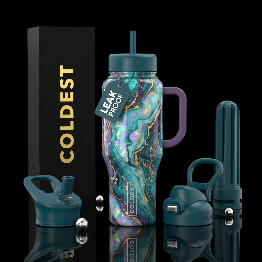 Amethyst teal marbled with opal and gold water bottle design