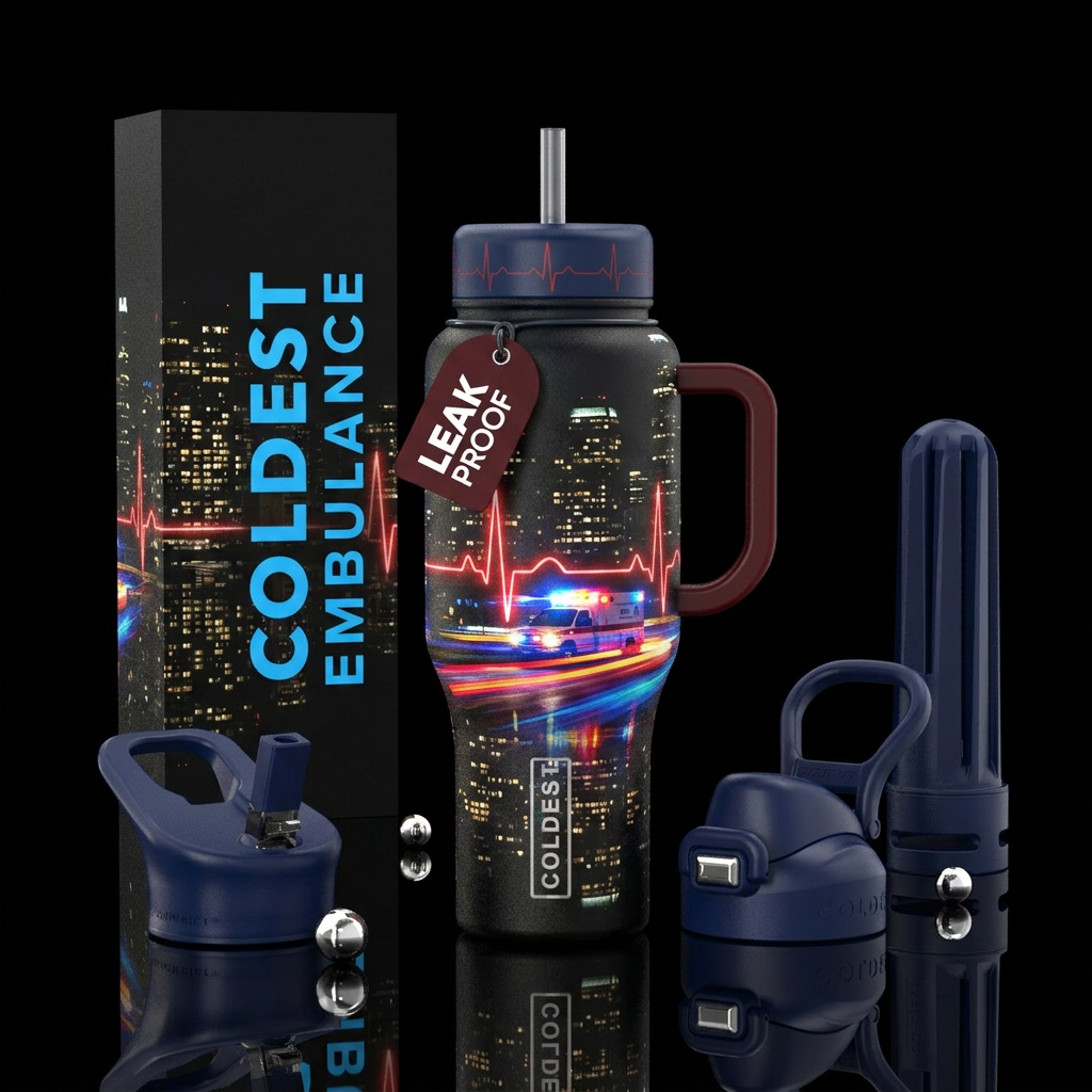 City scape, EMS, ambulance emergency lights, EKG water bottle design