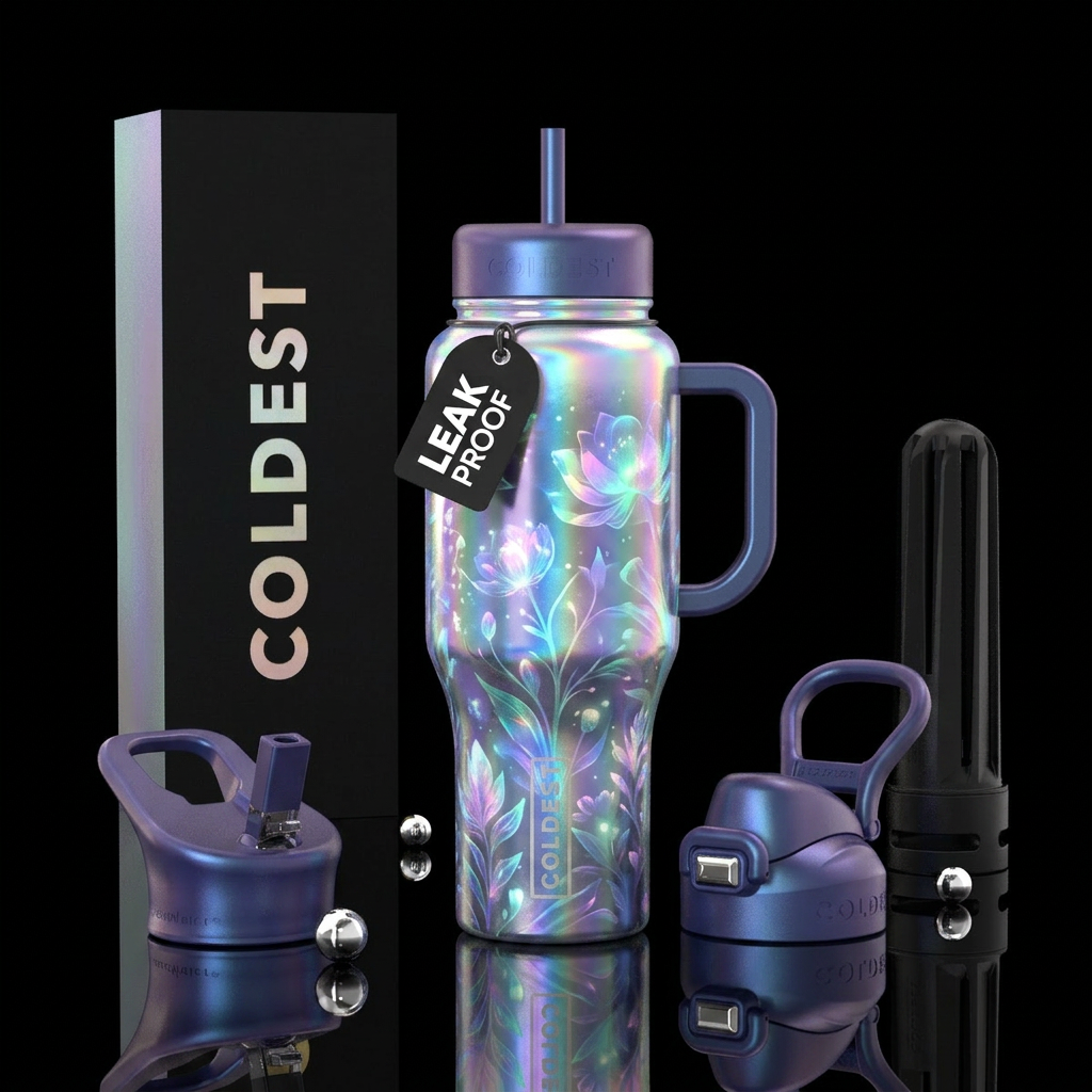 holographic, floral, romantic, pearlescent, biolum... water bottle design
