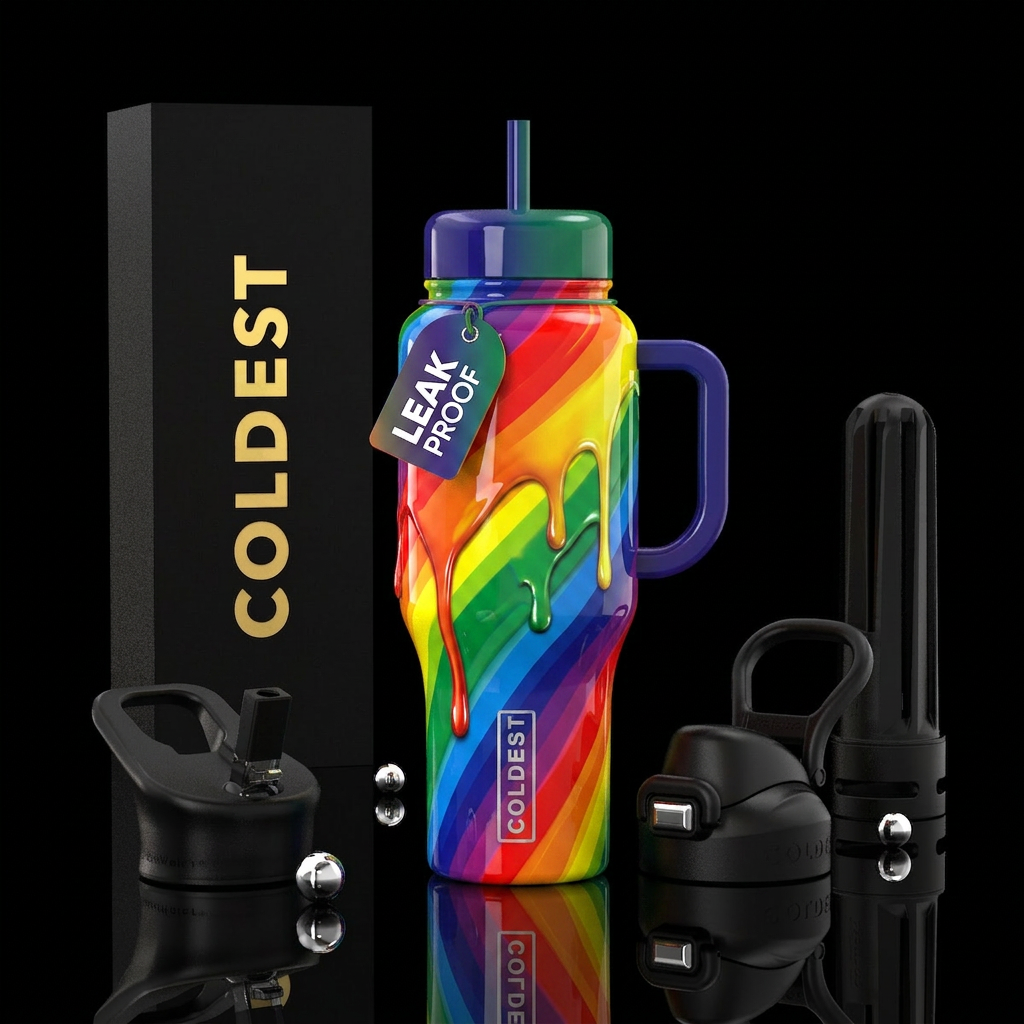Rainbow stripes with paint drips water bottle design