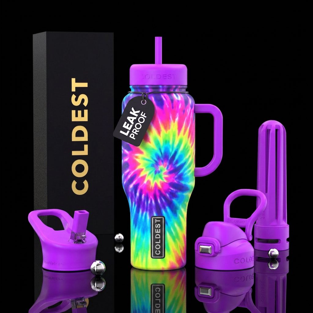 Neon tie dye water bottle design