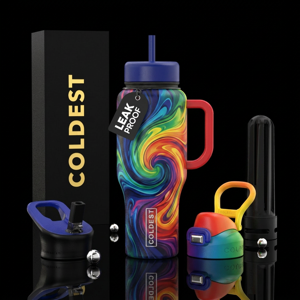 Abstract rainbow swirl colors on a black backgroun... water bottle design