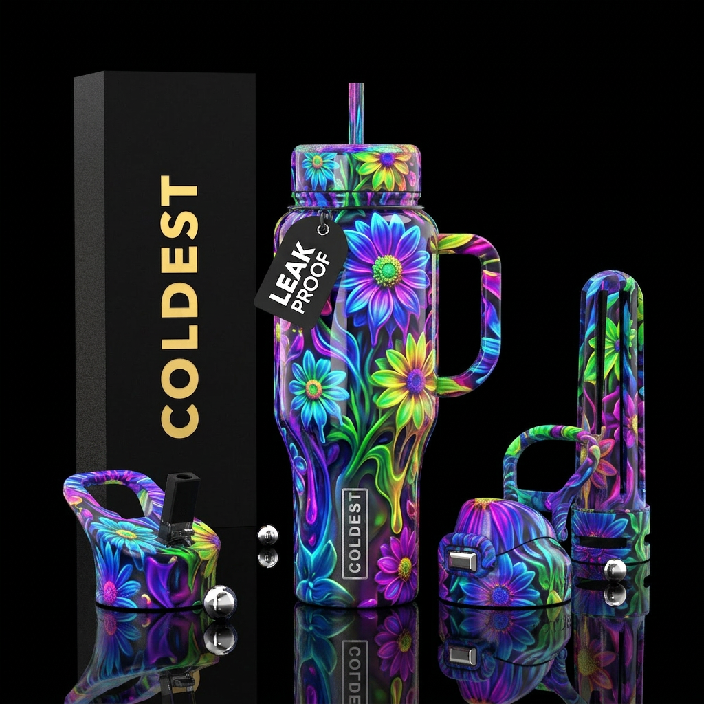 Colorful neon melting flowers water bottle design