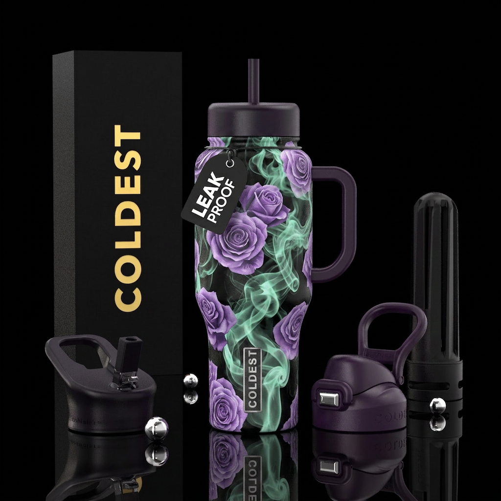 Purple rose black background ethereal mint smoke water bottle design