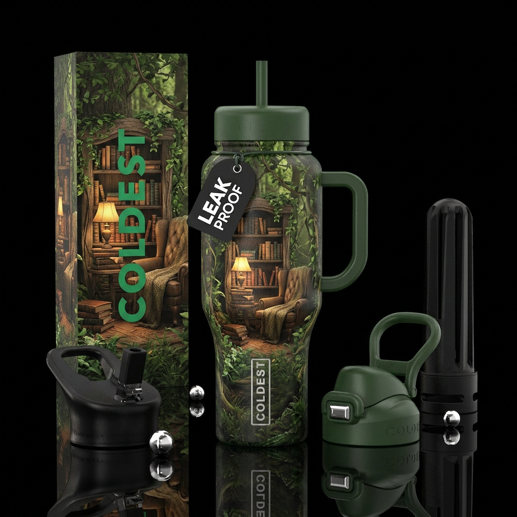 Library reading corner in a lush green forest water bottle design