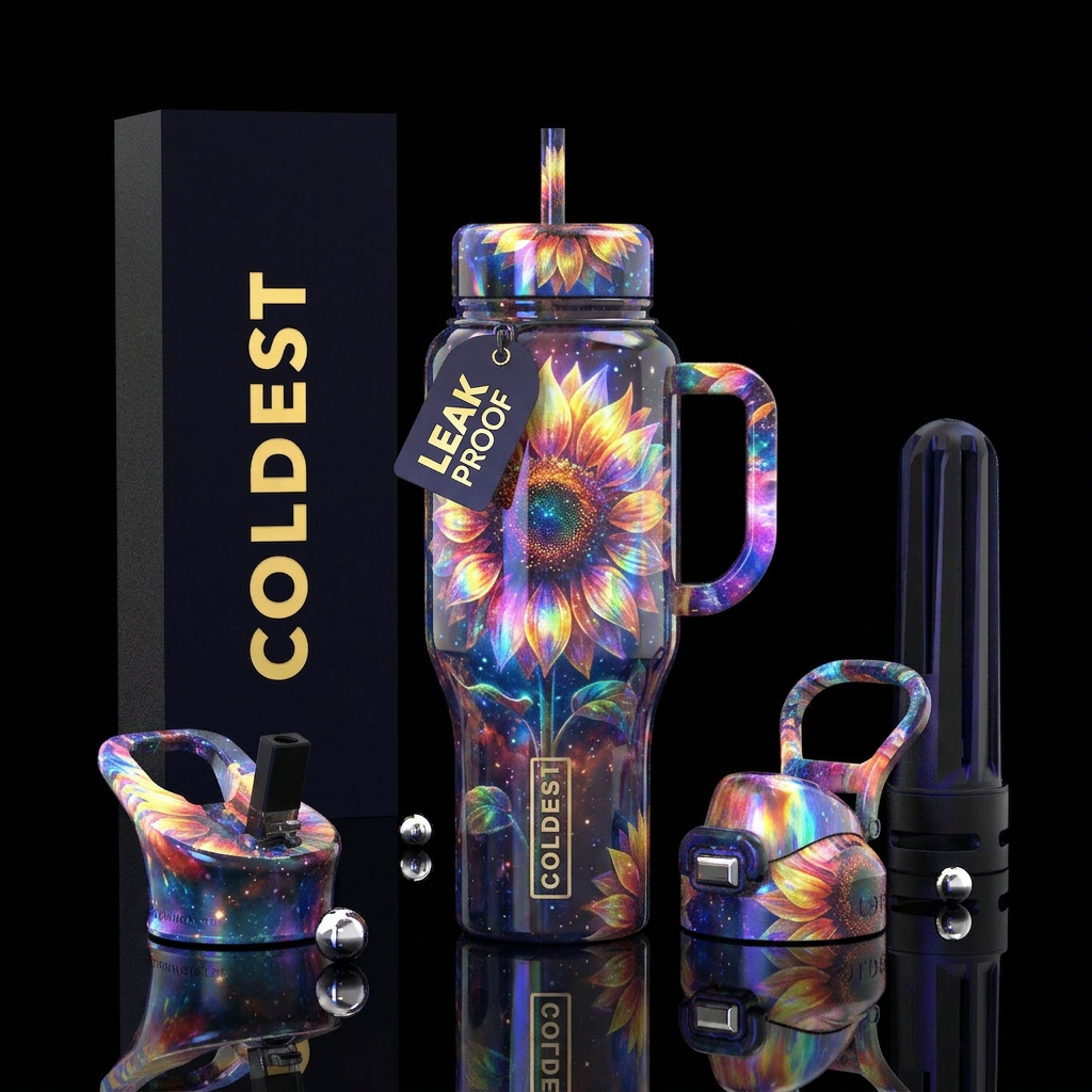 Prismatic sunflower in cosmic glow water bottle design