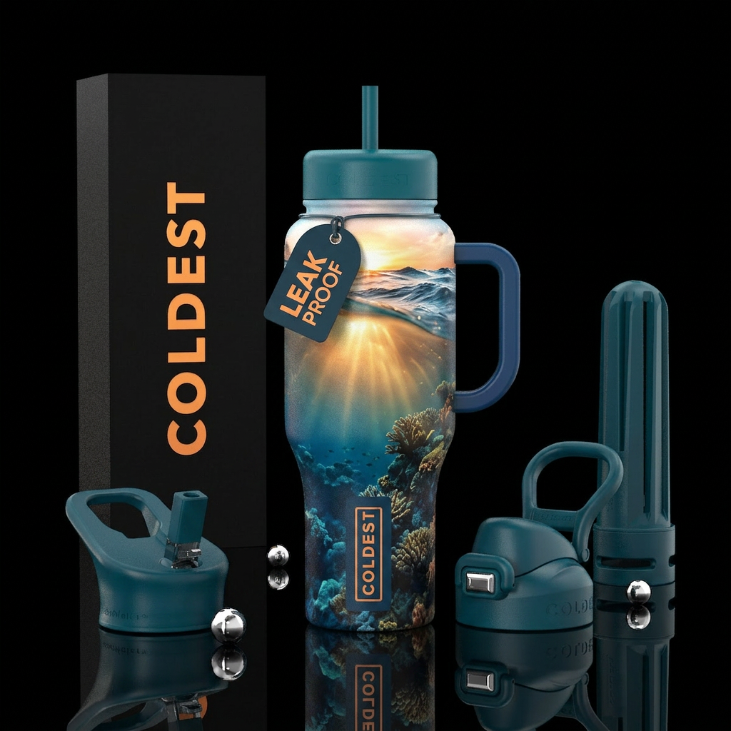 summer vibes, waves, soothing, sunset, deep ocean,... water bottle design