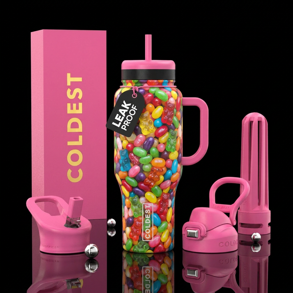 Bright colored jelly beans and gummy bears showing... water bottle design