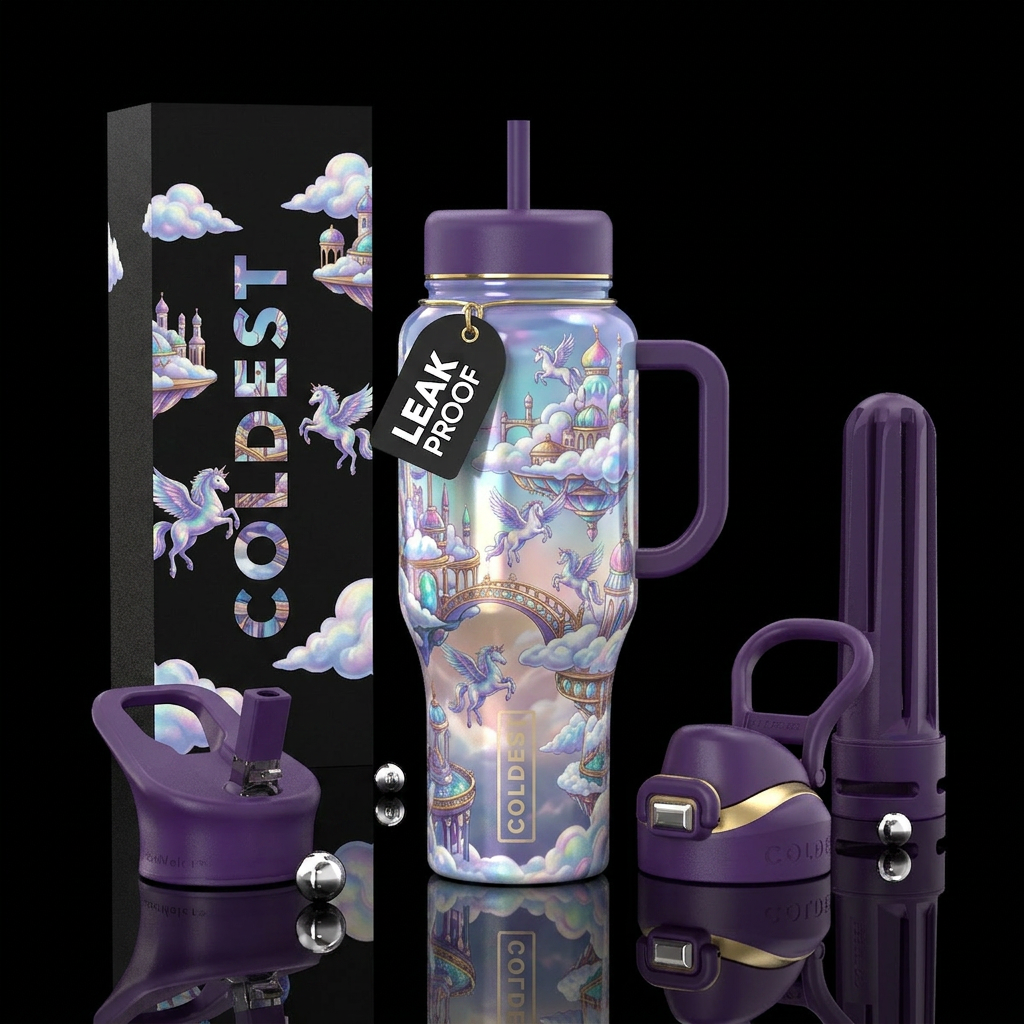 pegasus, maximalist, cloud city water bottle design