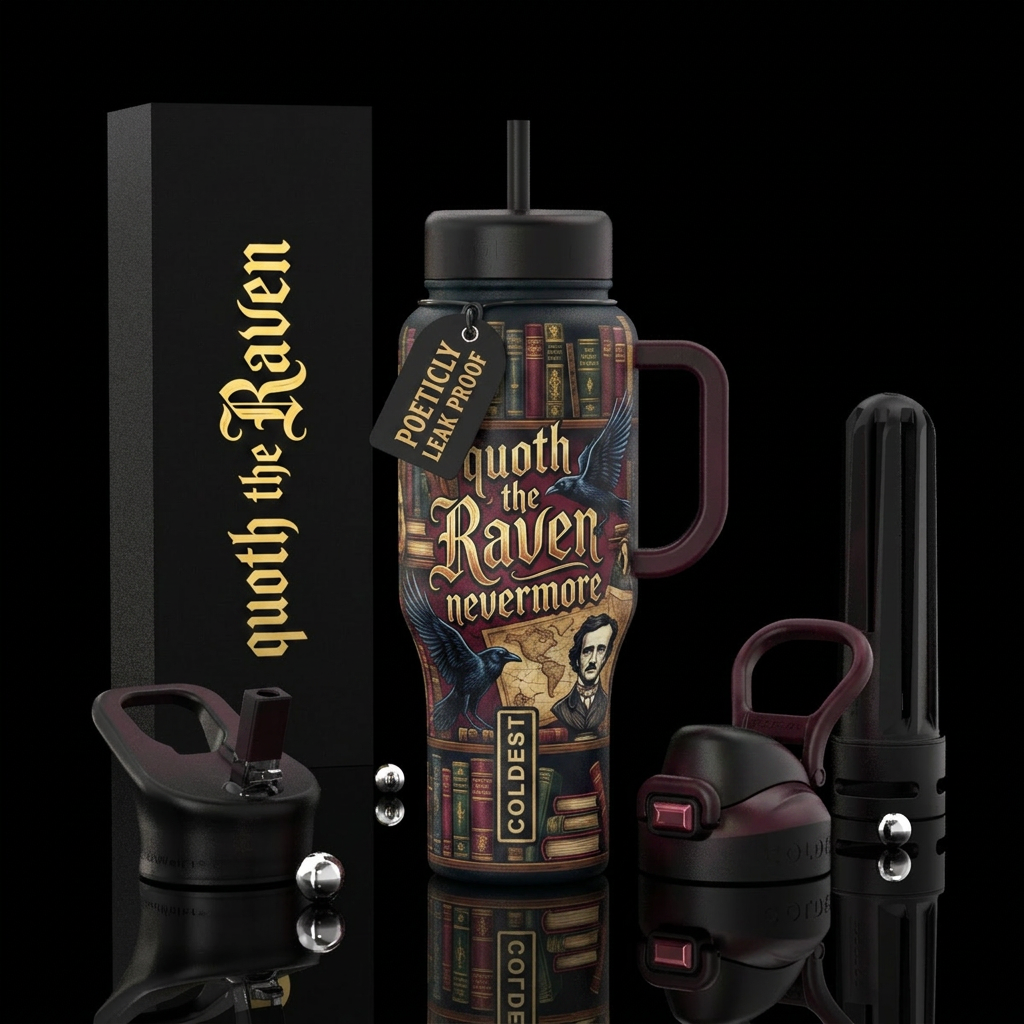 Dark mysterious library book themed Edgar Allan Po... water bottle design