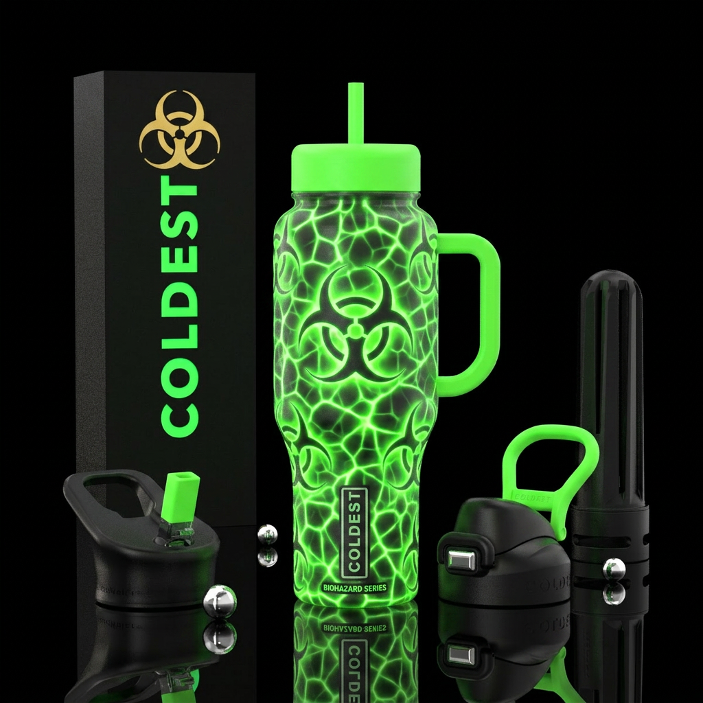 Biohazard glowie water bottle design