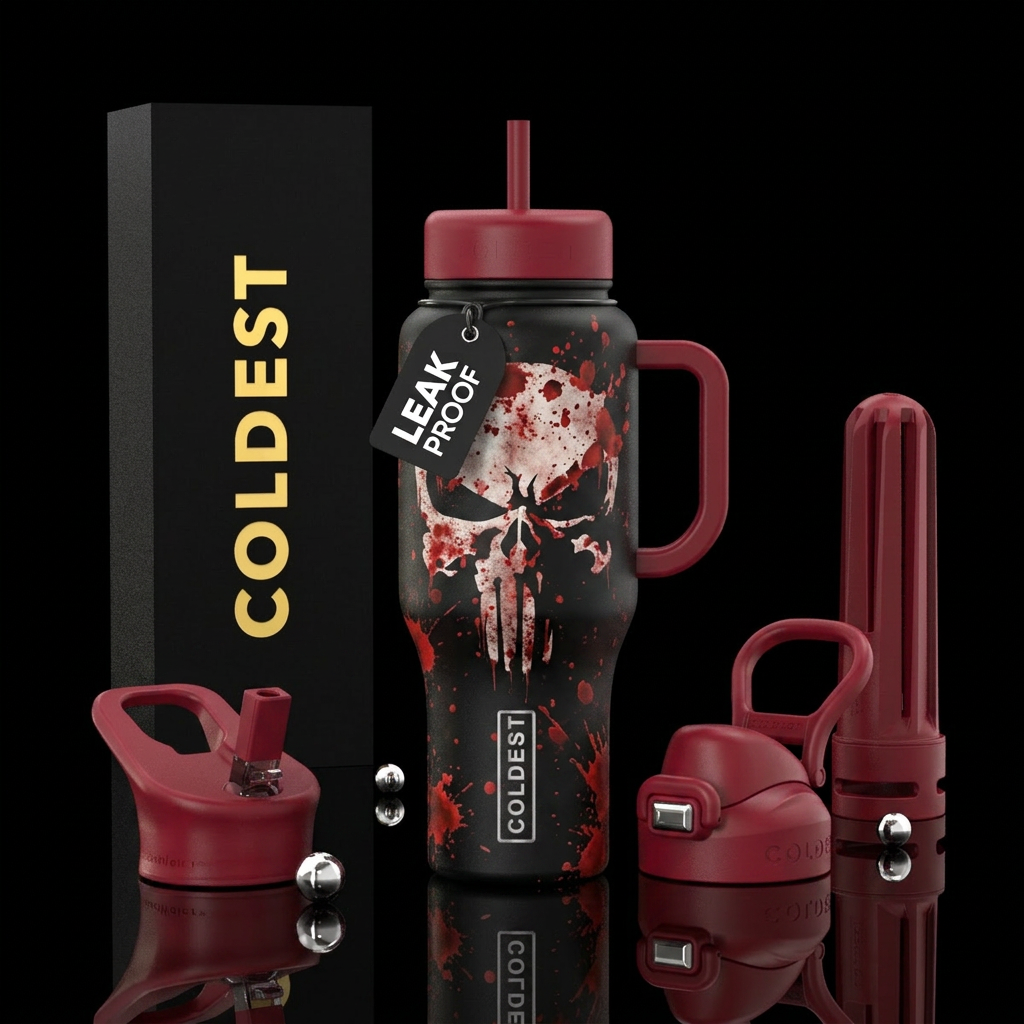 Punisher skull theme blood splatter water bottle design