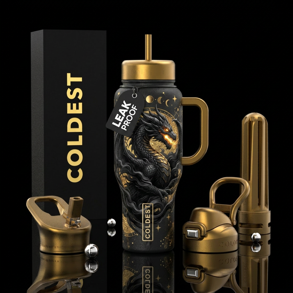 Black dragon, with fire eyes on a black and gold b... water bottle design