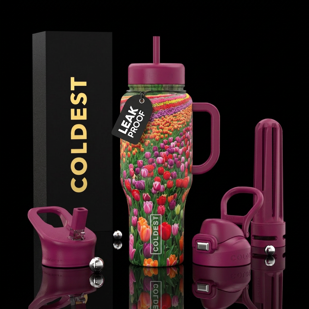 A vast tulip field with tons of different color tu... water bottle design