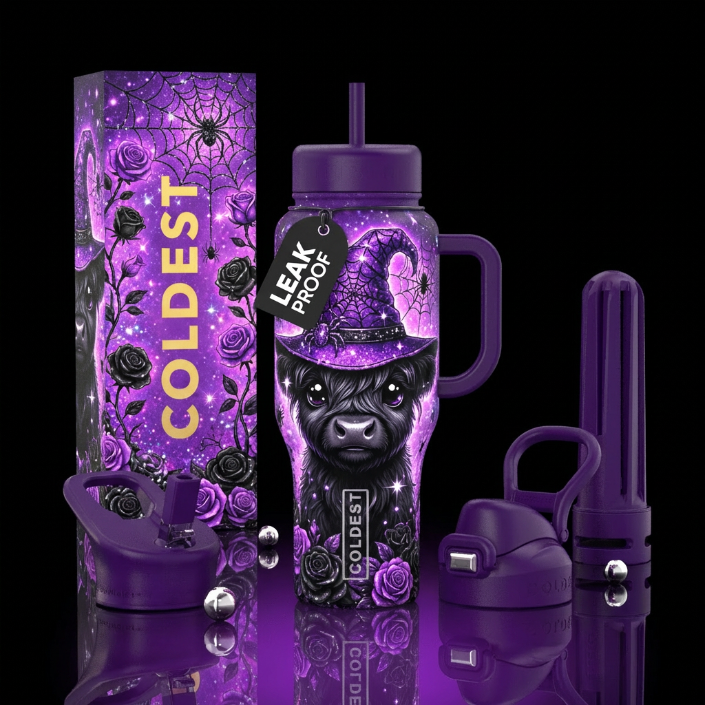 Witchy Highland cow water bottle design