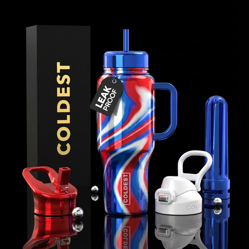 shiny, red, white, blue water bottle design