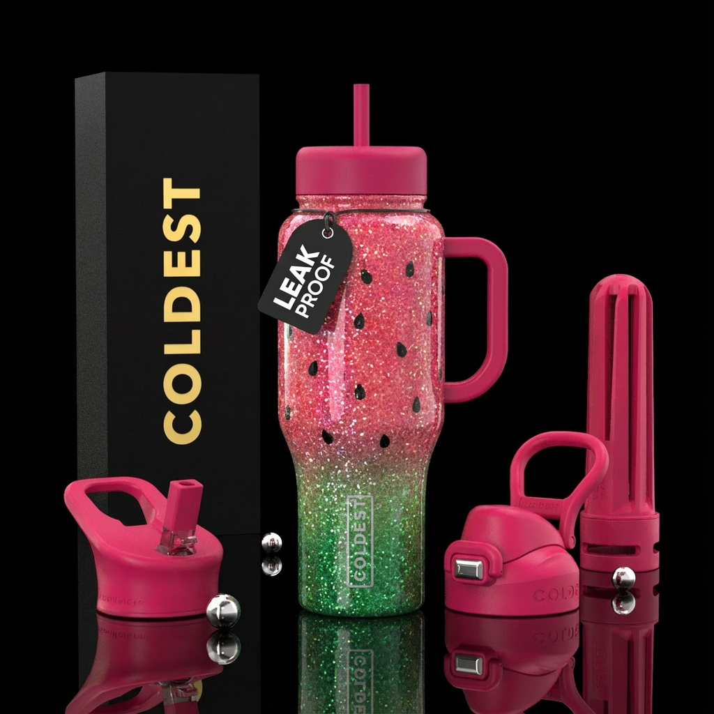 Watermelon, fuschia, sparkly, vibrant, water bottle design