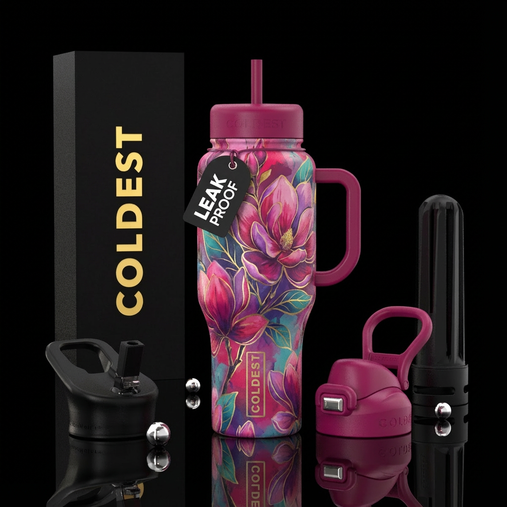 Magnolias, vibrant, whimsical water bottle design