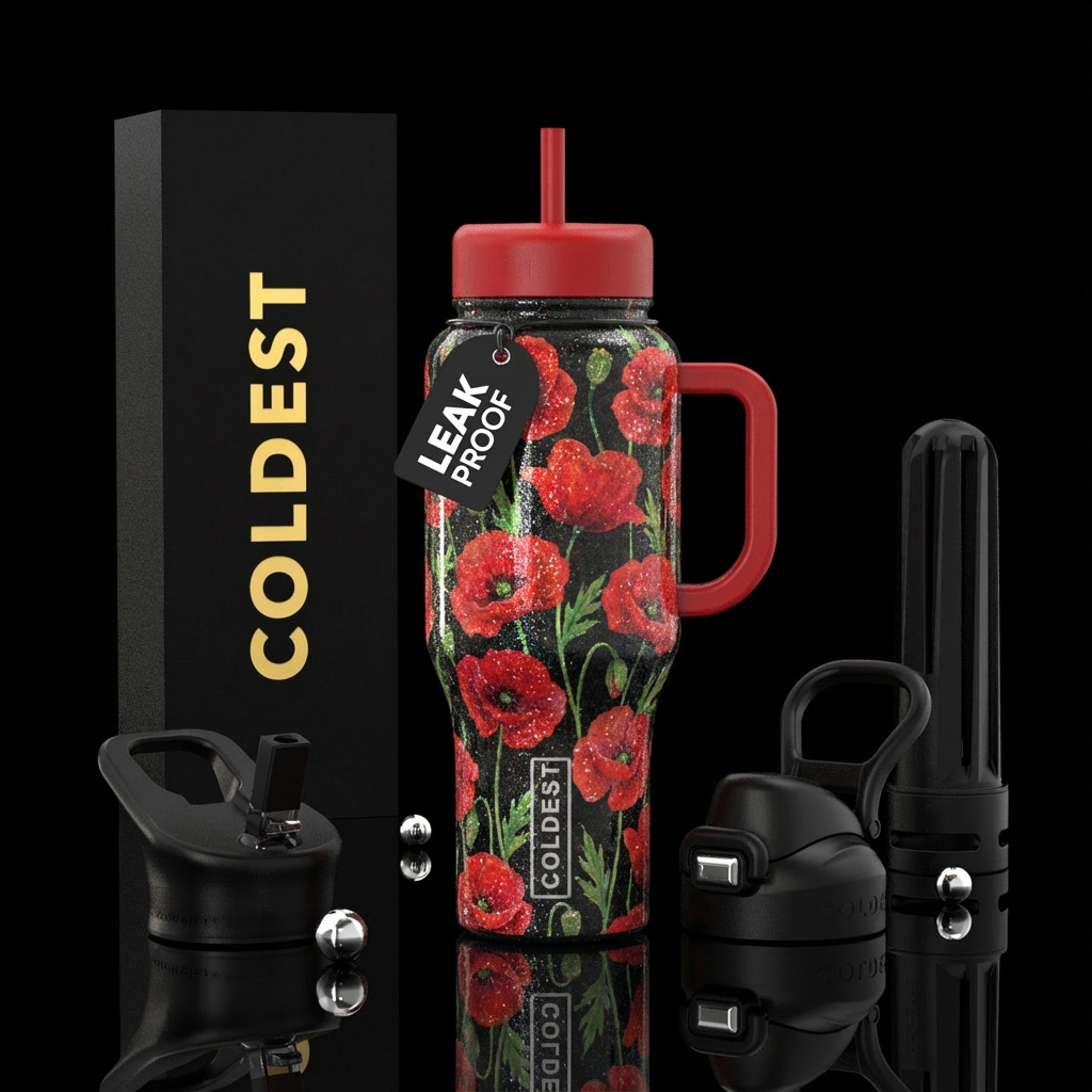 Poppies, sparkly water bottle design