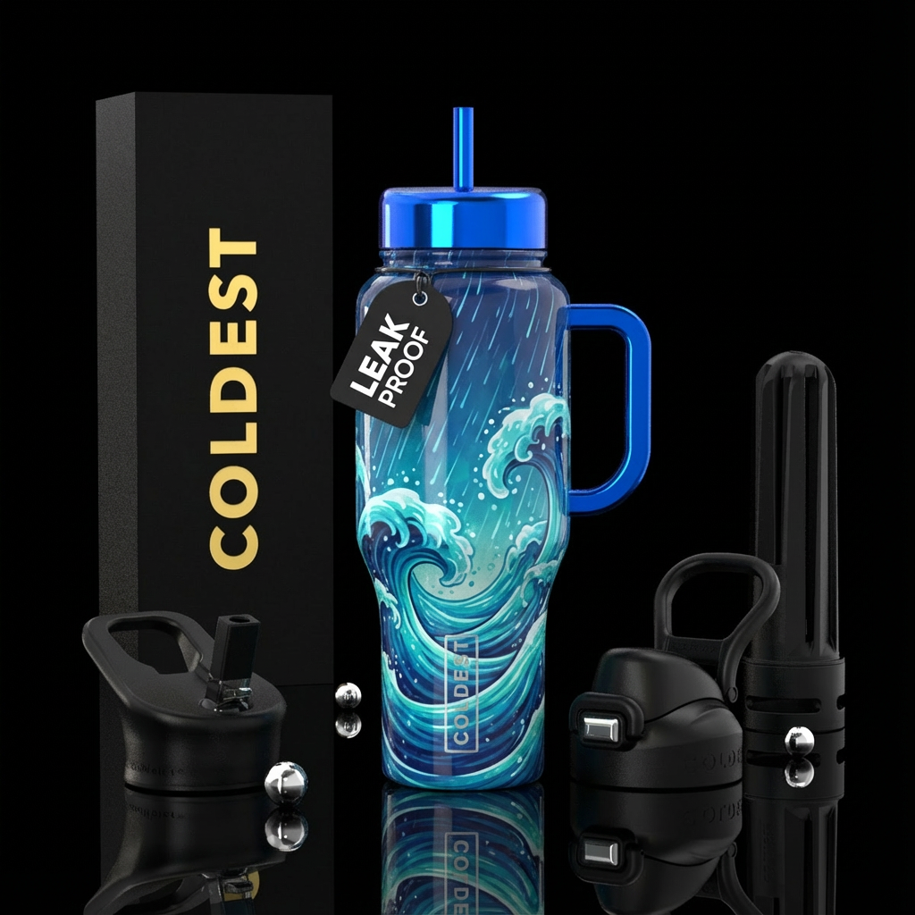 Ocean, waves, rain, shiny water bottle design
