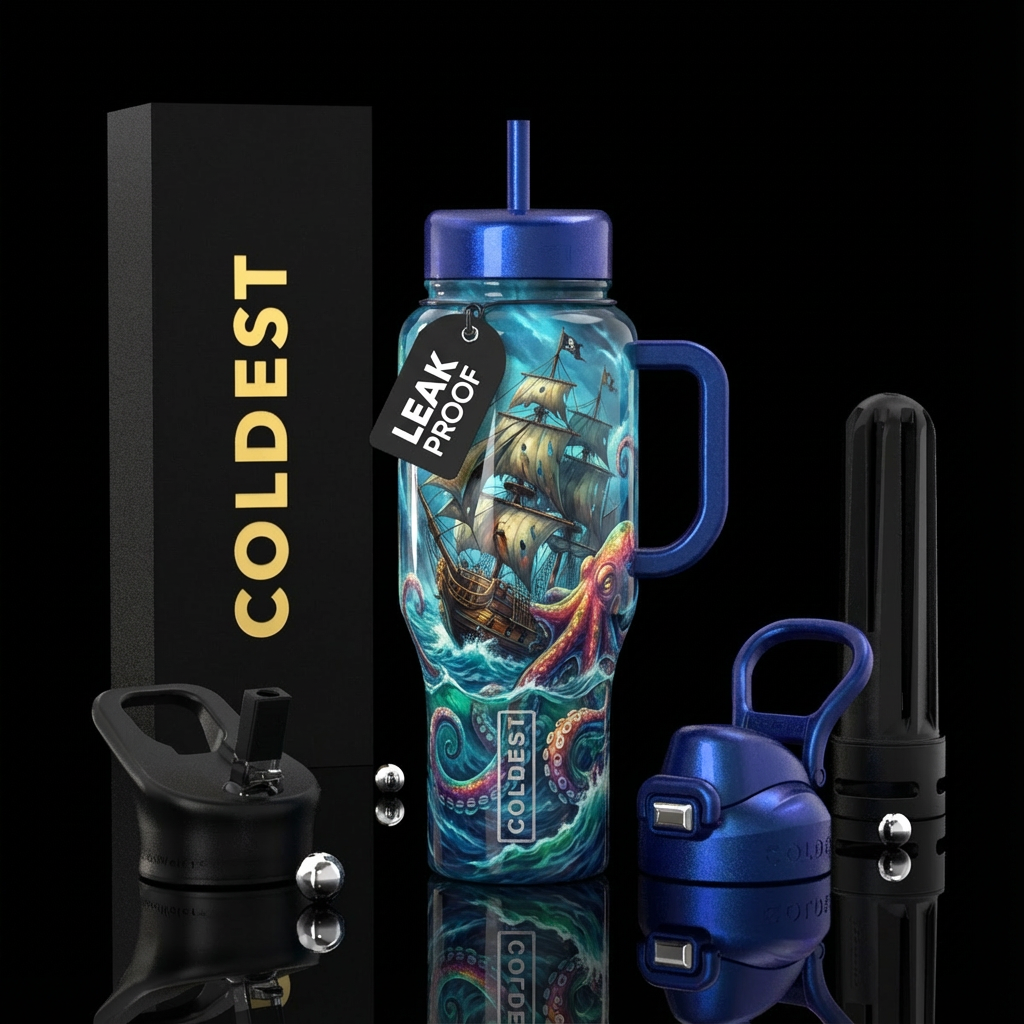 Pirate ship ocean octopus, shiny water bottle design