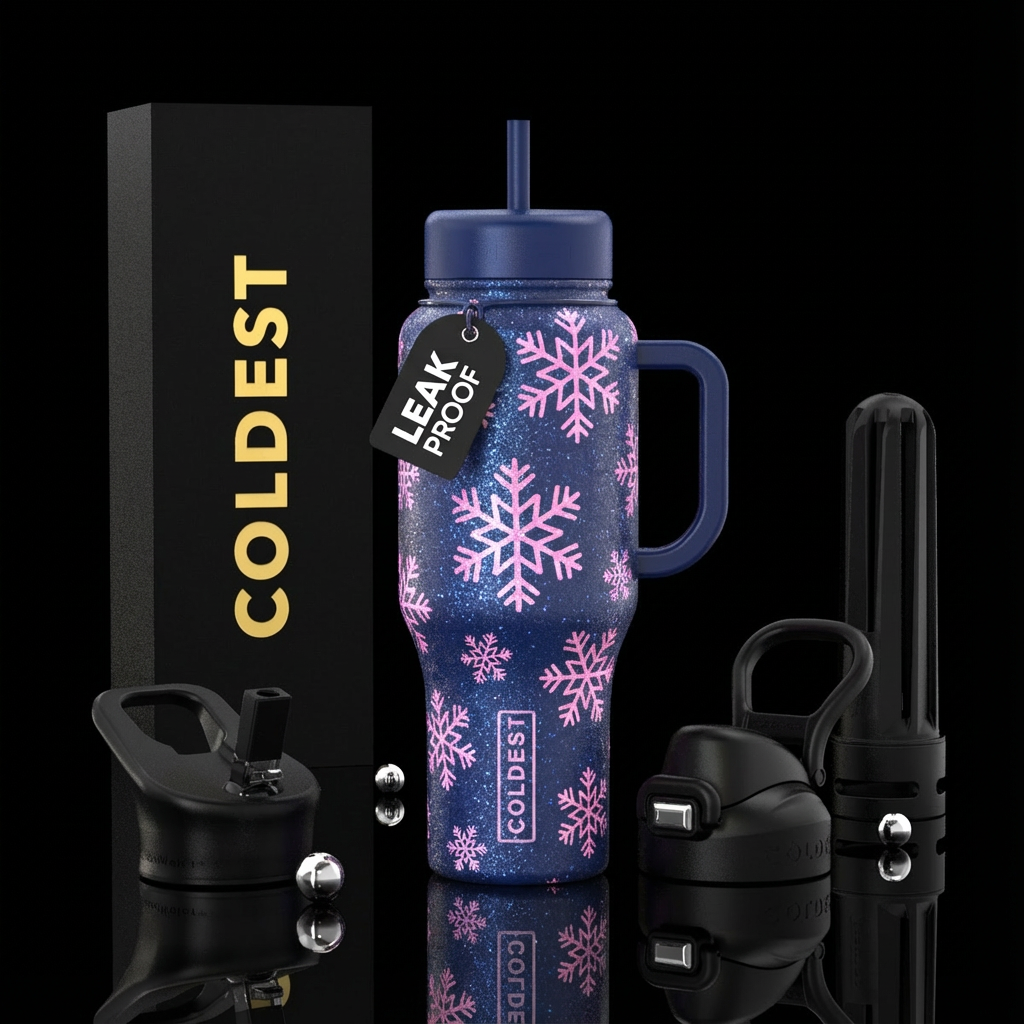 Navy blue, light pink snowflakes, sparkly water bottle design