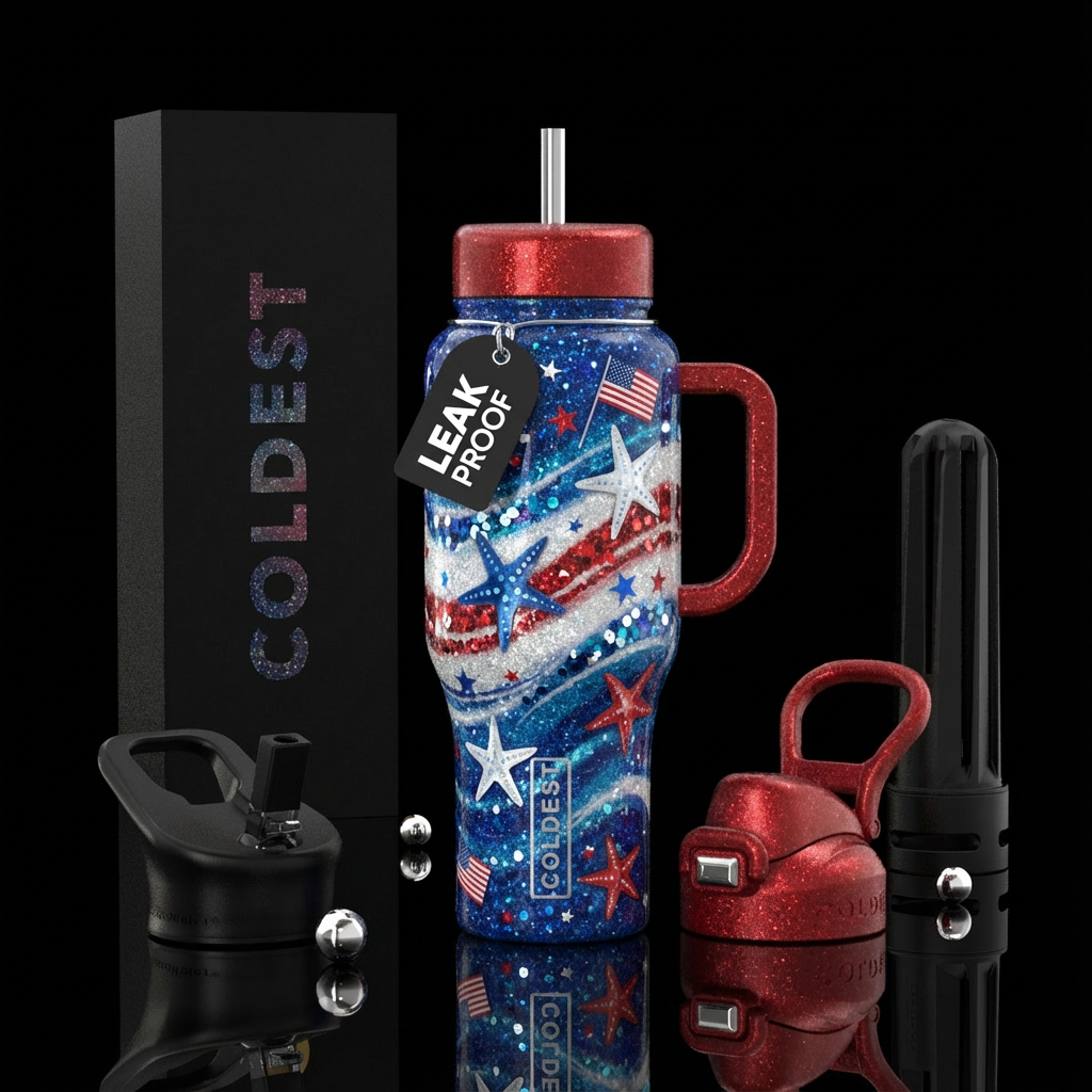 Starfish, patriotic, ocean, sparkly water bottle design