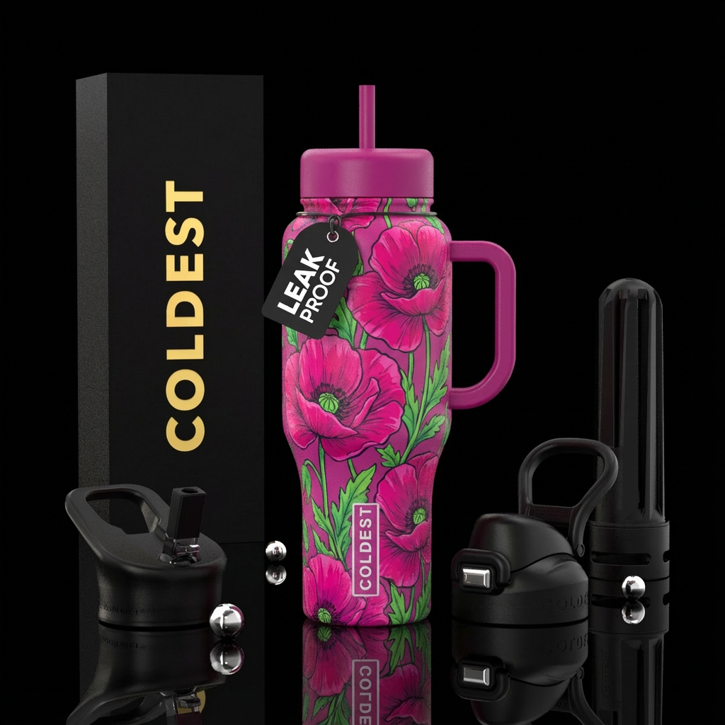 Fuschia poppies,, vibrant water bottle design