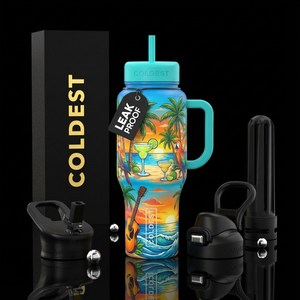 Jimmy Buffett, beach, tropical,ocean, vibrant water bottle design