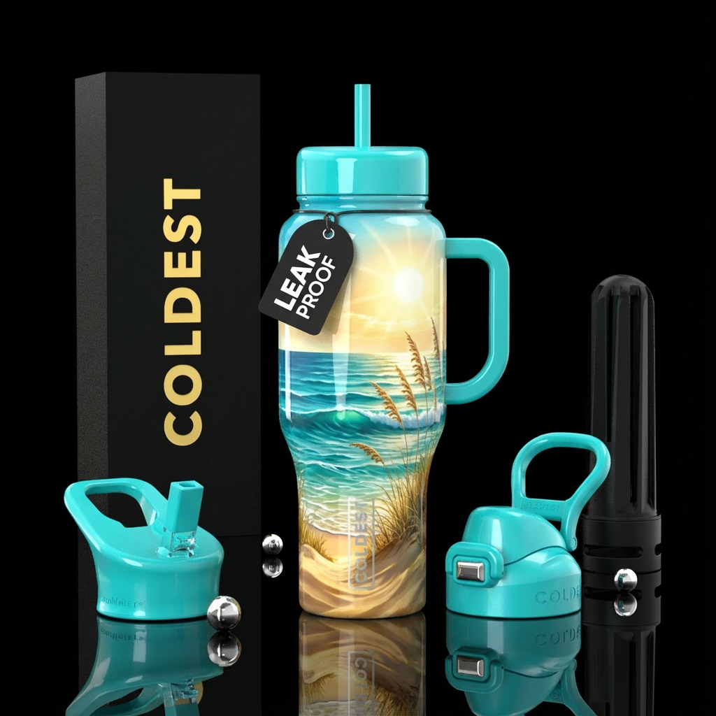 ocean, sand dunes sea oats, sunshine, shiny, vibra... water bottle design