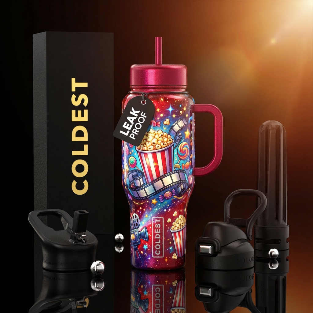 Movies, popcorn, candy,, shiny, magical, vibrant water bottle design