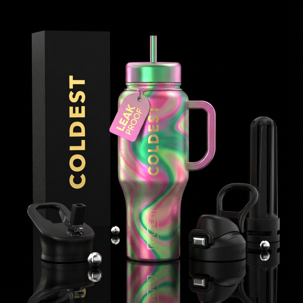 Shades of pink, green, whimsical, irridescent water bottle design