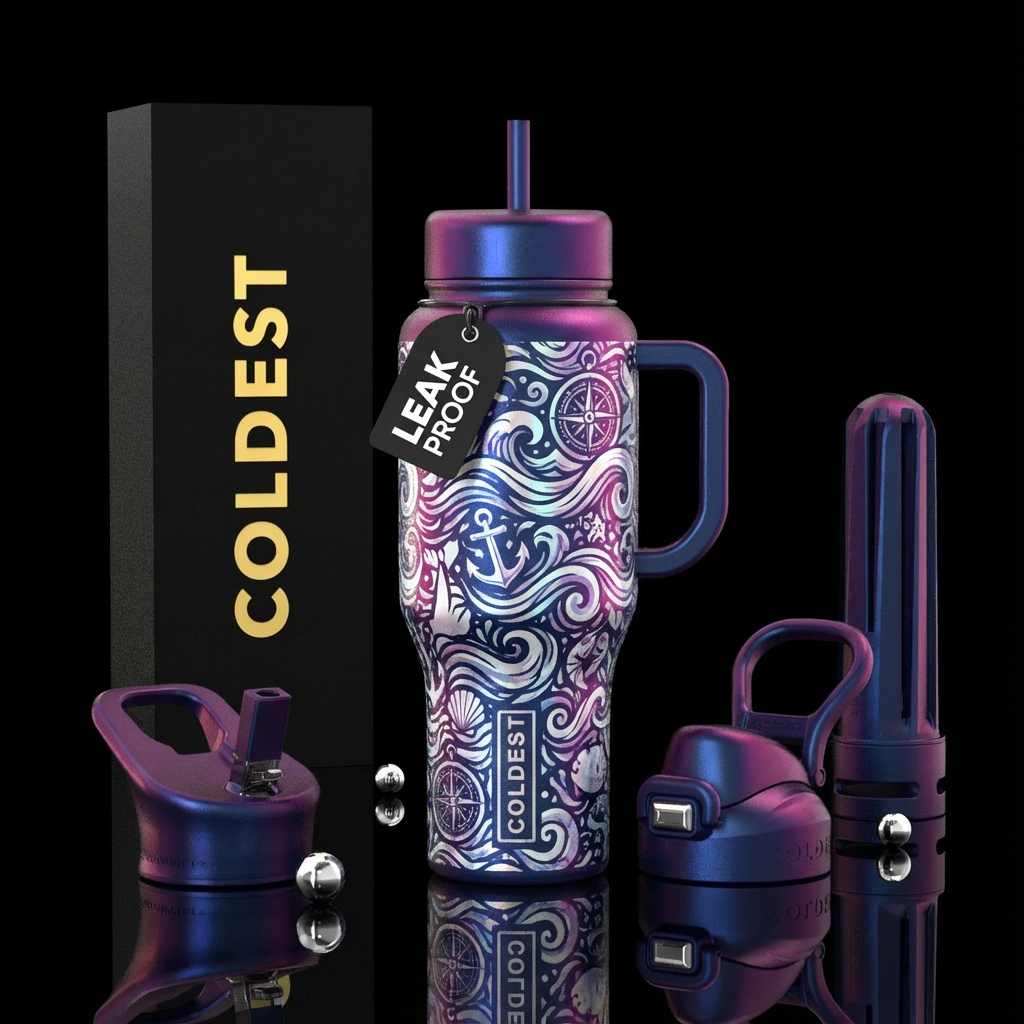Navy blue, white, magenta, nautical, irridescent water bottle design