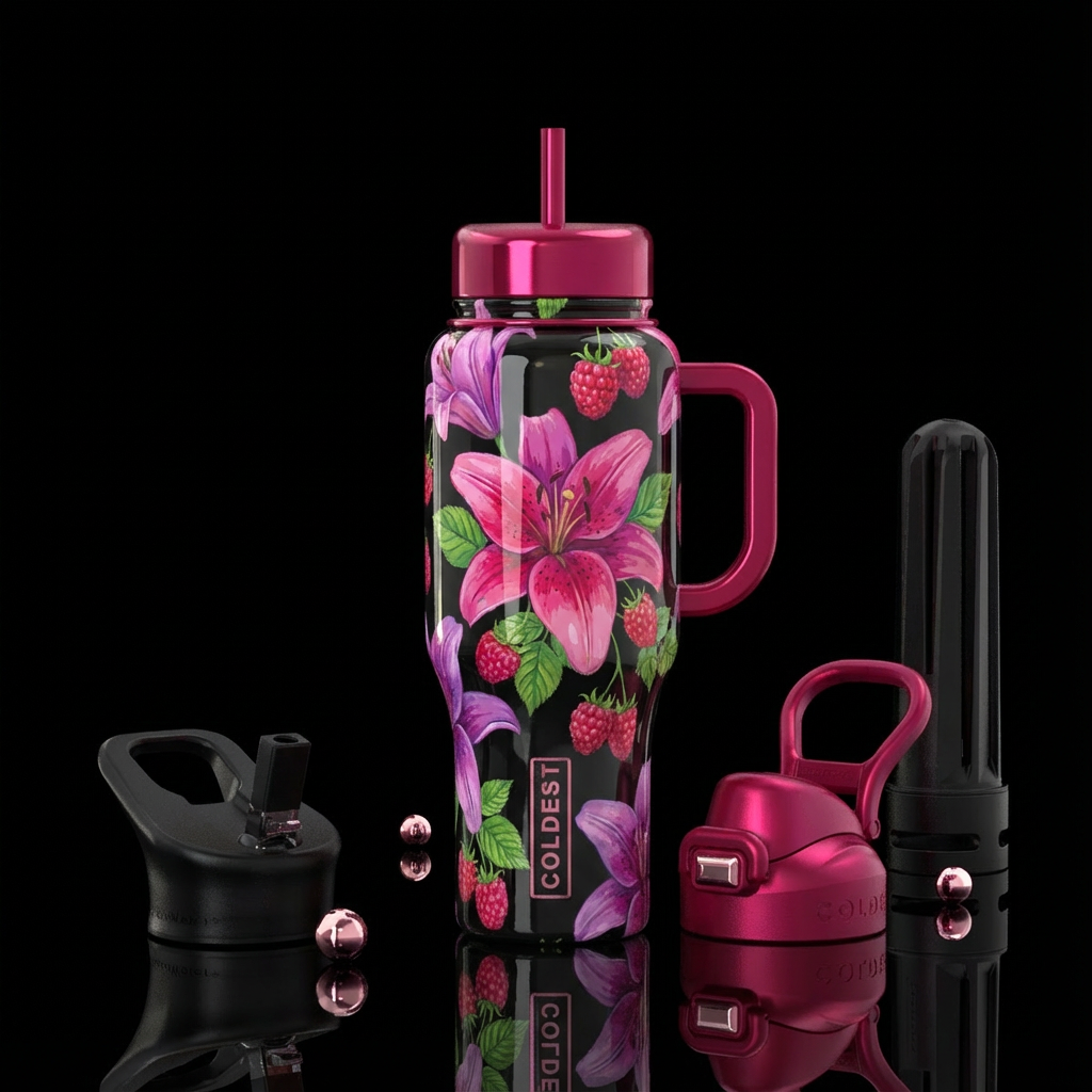Lilies, raspberry,, shiny, vibrant water bottle design
