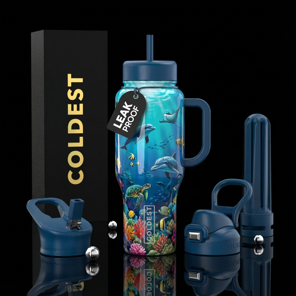Underwater, ocean, sea life,, vibrant, shiny water bottle design