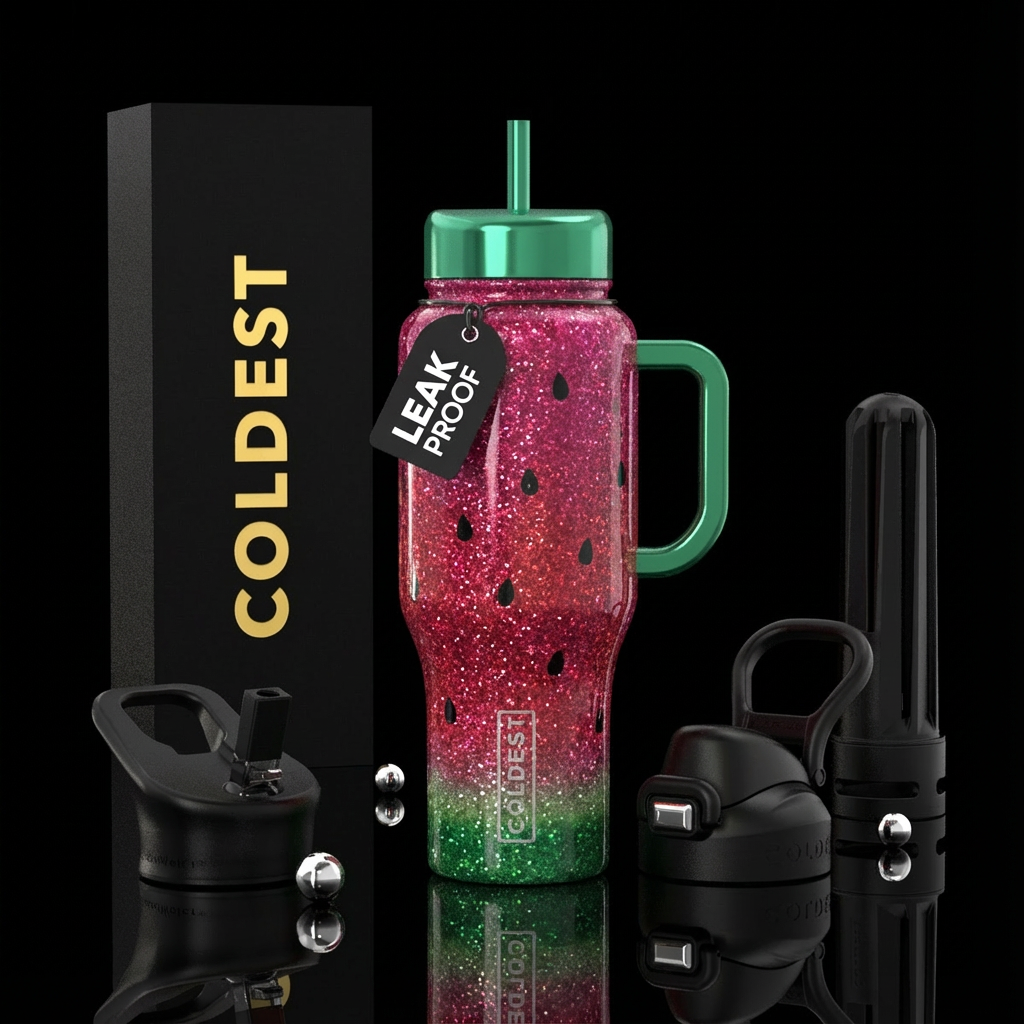 Watermelon,, sparkly, vibrant water bottle design